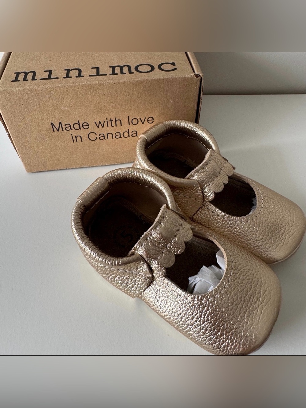 Minimoc “Narwal Jane” Metallic Gold Mary Jane Moccasins - Made in Canada 5C